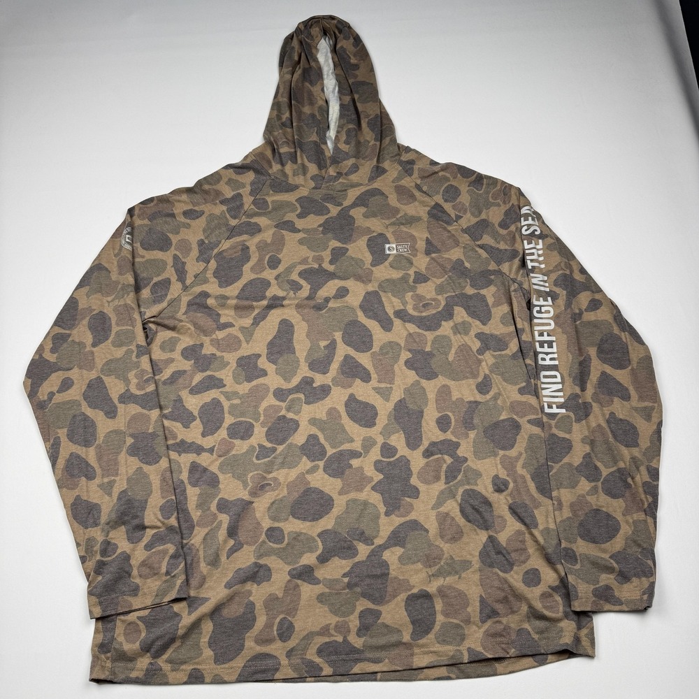 Salty Crew Hooded Shirt Mens XL Brown Camo Long Sleeve Sun Fishing UPF Top